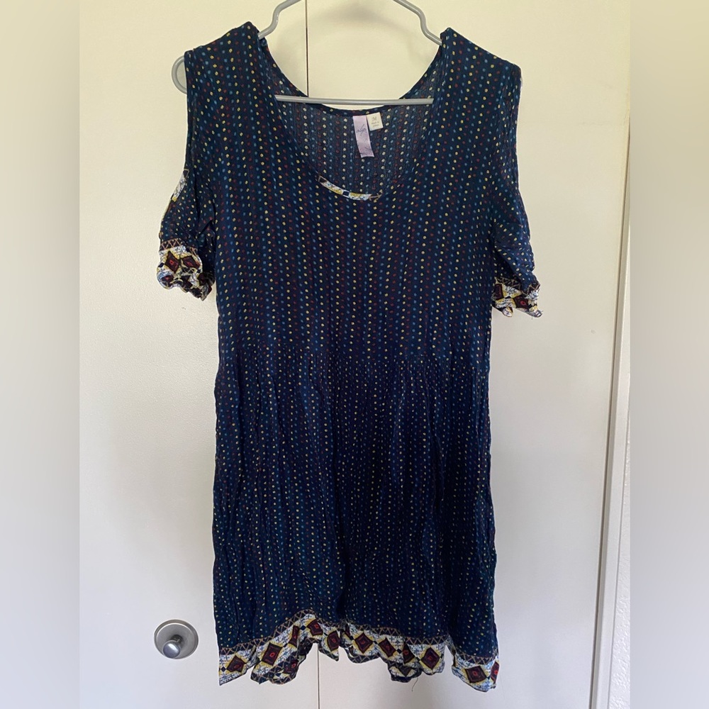 Blue Patterned Faux Cold-Shoulder Dress
